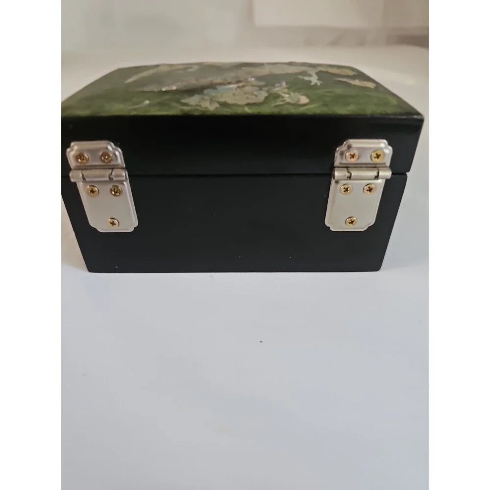Vintage Korean Mother Of Pearl Lacquer Jewelry Box Peacock and Flower Inlay